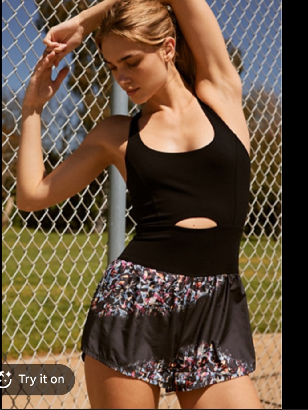 Free People Black Athletic Shorts with Multicolor Floral Hem